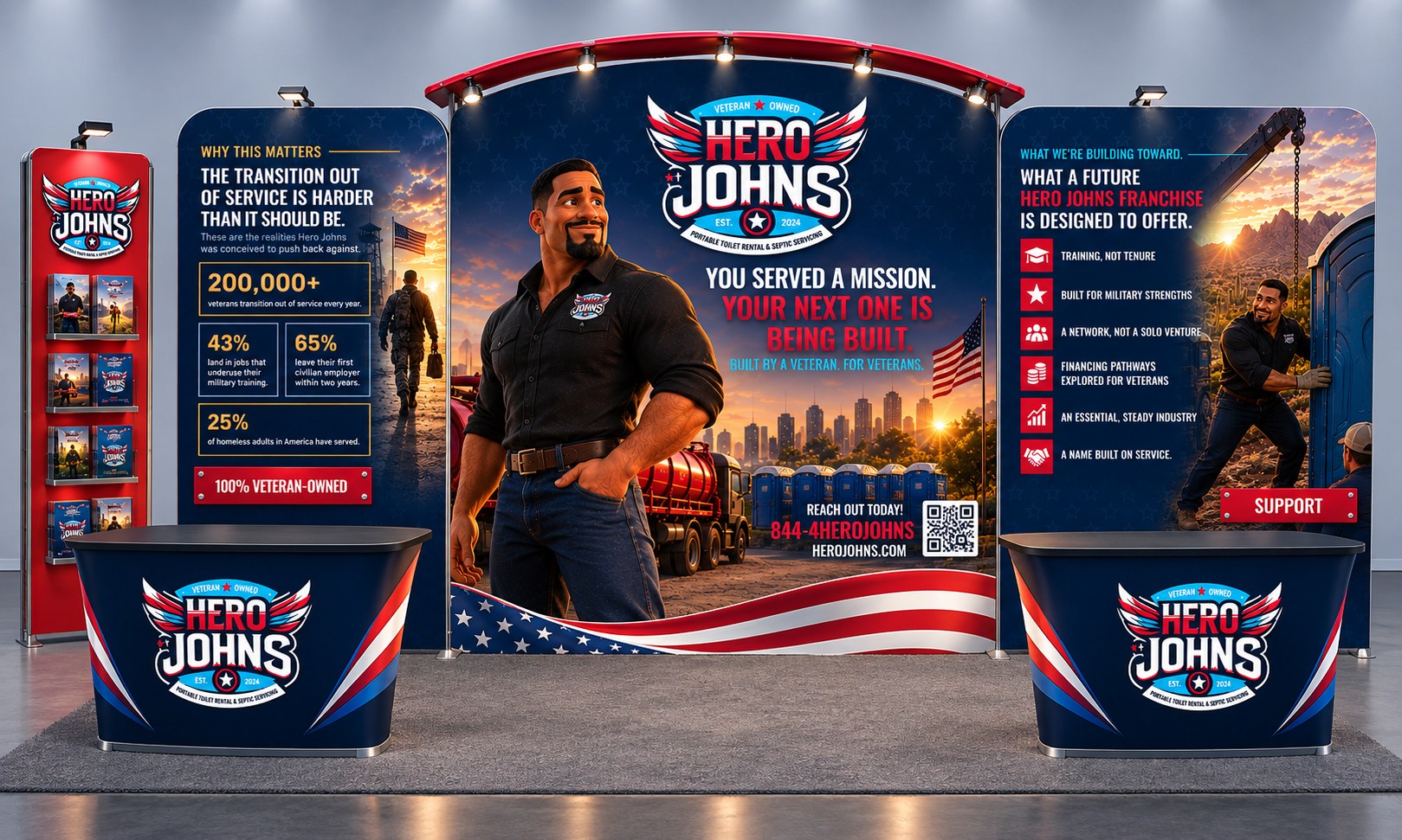 Hero Johns booth concept for WWETT 2027 — branded backdrop, PolyJohn equipment display, and reception counters